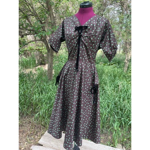 Vintage 1940s Brown Polished Cotton Floral Dress Art Deco - Picture 13 of 16